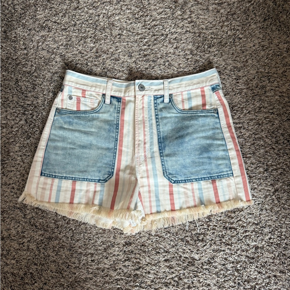 American Eagle Outfitters Blue and Red Jean Shorts Distressed High-Waisted
